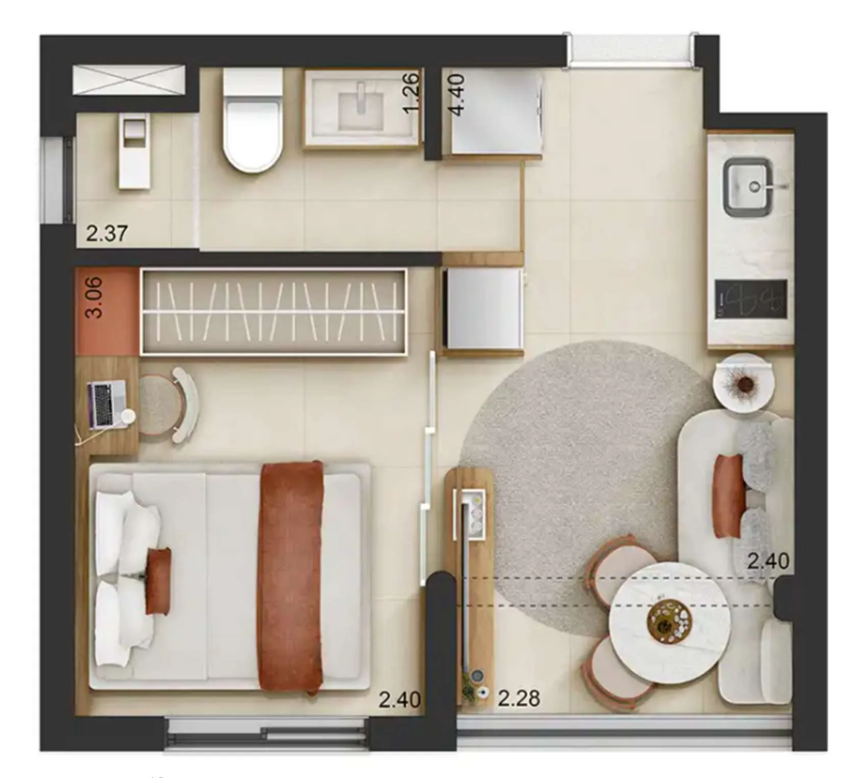 Planta do QG Ferreira de Araújo by You em Pinheiros — 1 dormitório – 24,4 m²