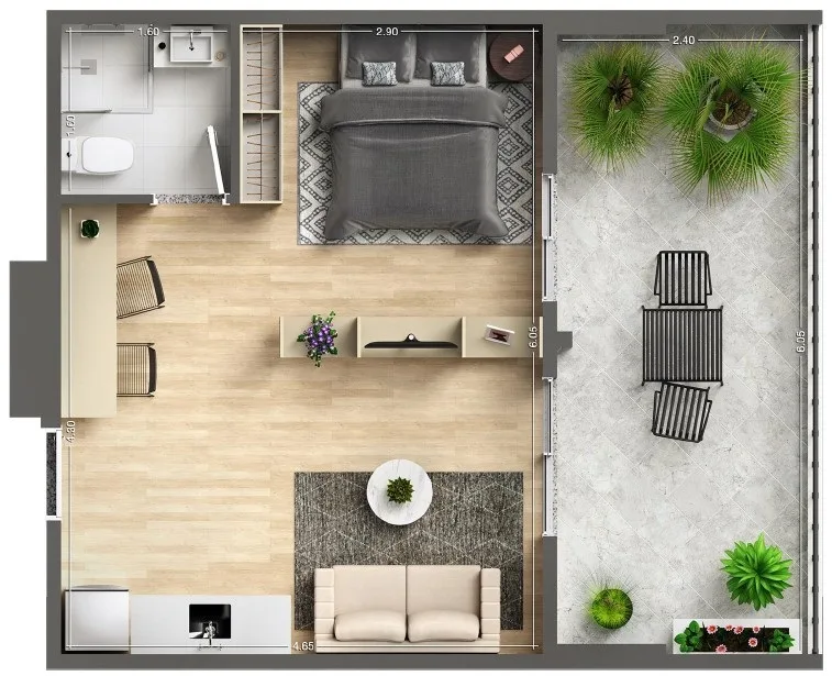 Planta do Quinta do Lago em Ipiranga — 1 dormitório, 44,82 m²