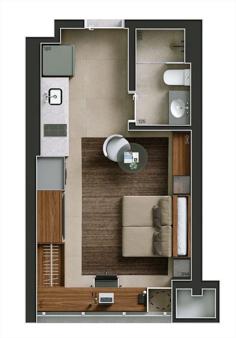 Planta do Raiz by Paulo Mauro Studios em Perdizes — studio de 25 m²