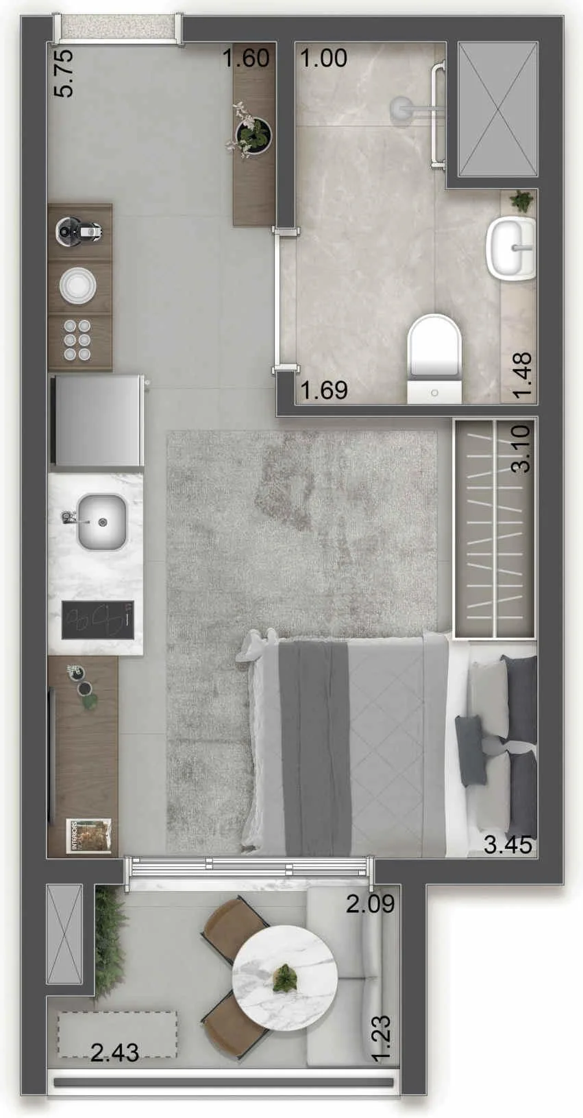 Planta do Raízes Alto Freguesia do Ó em Freguesia do Ó — 1 dormitório – 27 m²