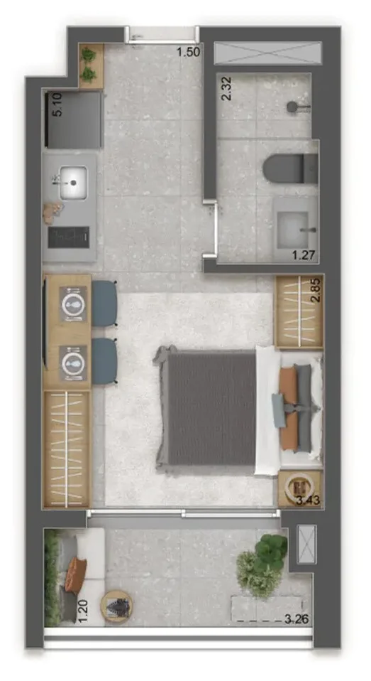 Planta do Raízes Premium Butantã em Butantã — studio de 26 m²