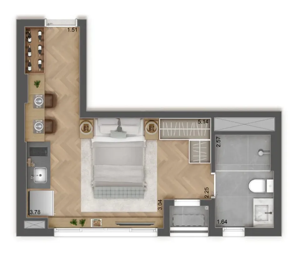 Planta do Raízes Premium Butantã em Butantã — studio de 28 m²