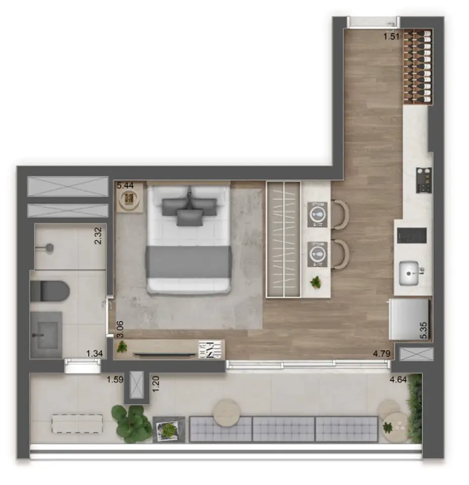 Planta do Raízes Premium Butantã em Butantã — studio de 39 m²