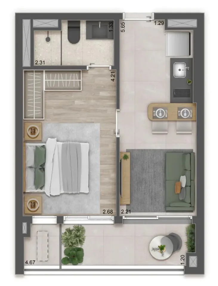 Planta do Raízes Premium Butantã em Butantã — 1 dormitório, 39 m²