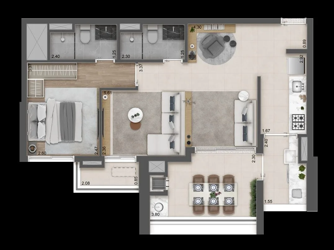 Planta do Raízes Reserve em Vila Prudente — 1 dormitório – 68 m²