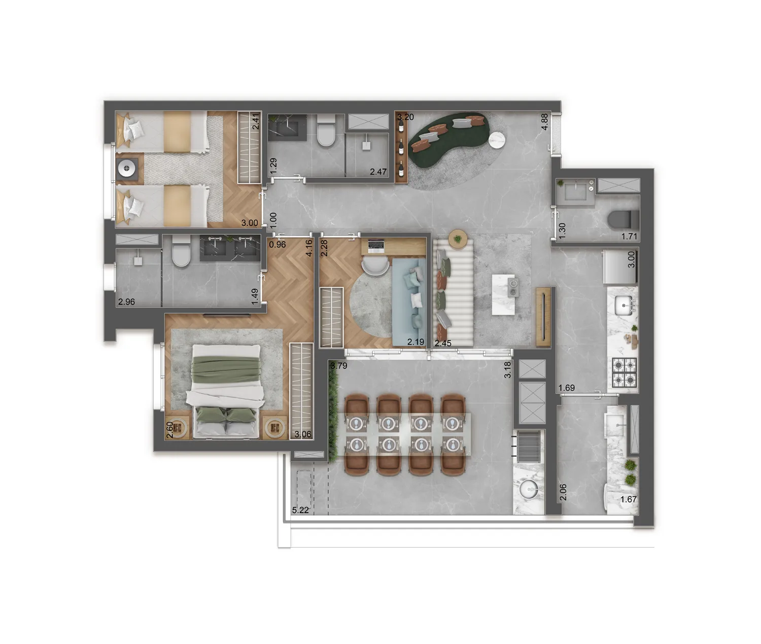 Planta do Raízes Tatuapé em Tatuapé — 3 dormitórios, 151 m²