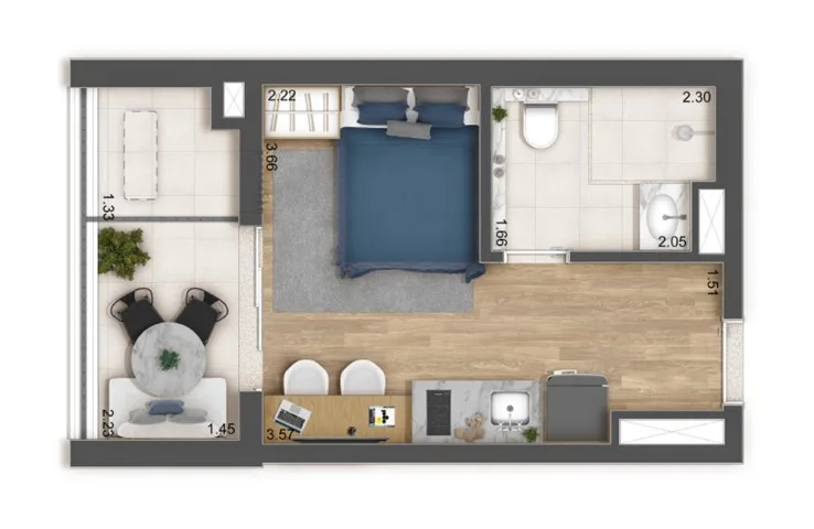 Planta do Raízes Tucuruvi Jacarandá em Tucuruvi — studio de 26,5 m² (opção)