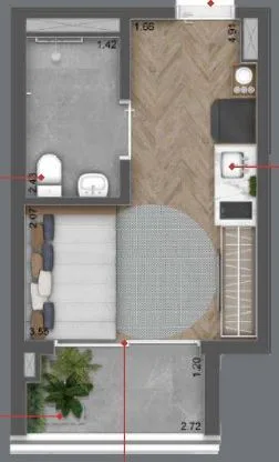 Planta do Raízes Vila Mascote — 1 dormitório – 24 m² Studio