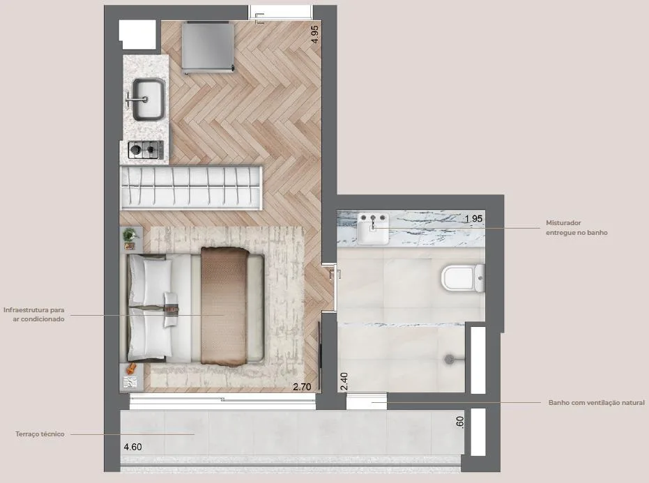 Planta do Secret Garden Studios em Vila Mariana — 1 dormitório – 25,5 m² Studio