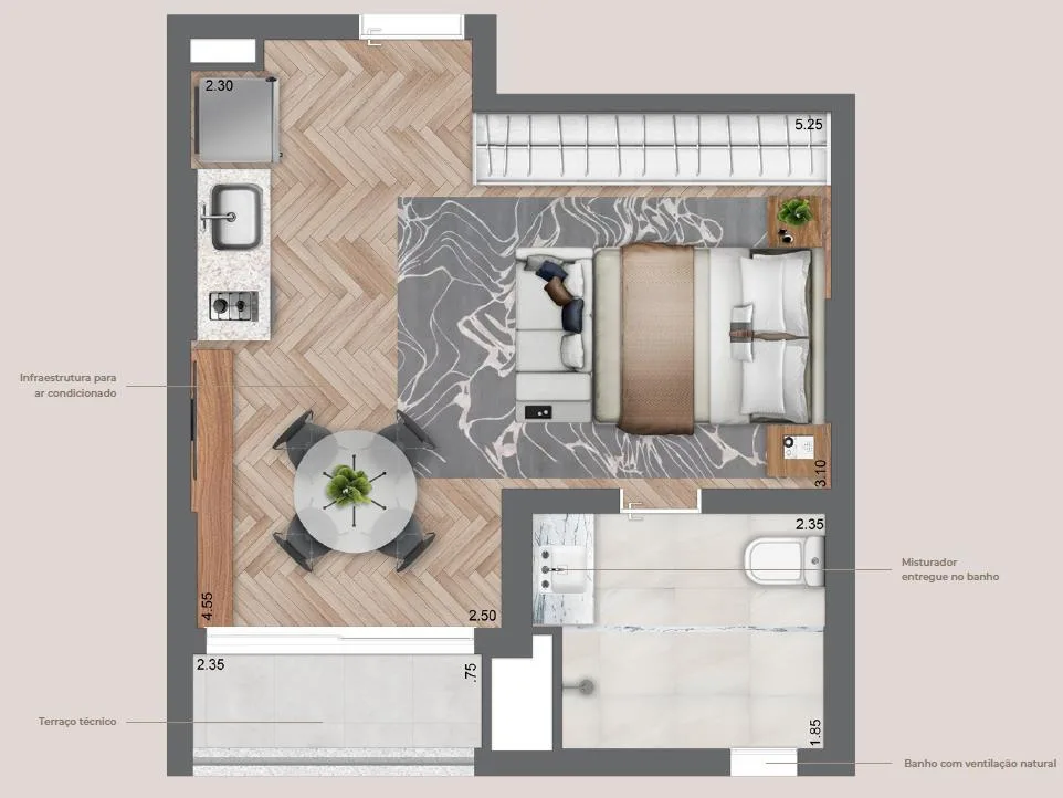 Planta do Secret Garden Studios em Vila Mariana — 1 dormitório – 32,5 m² Studio