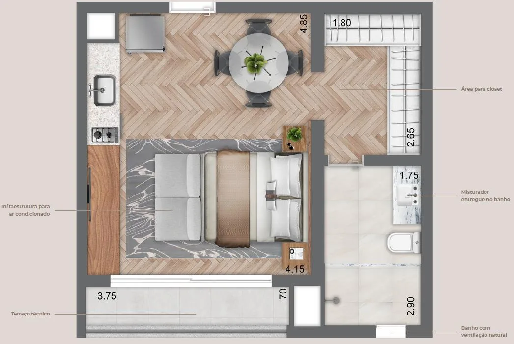 Planta do Secret Garden Studios em Vila Mariana — 1 dormitório – 39,5 m² Studio