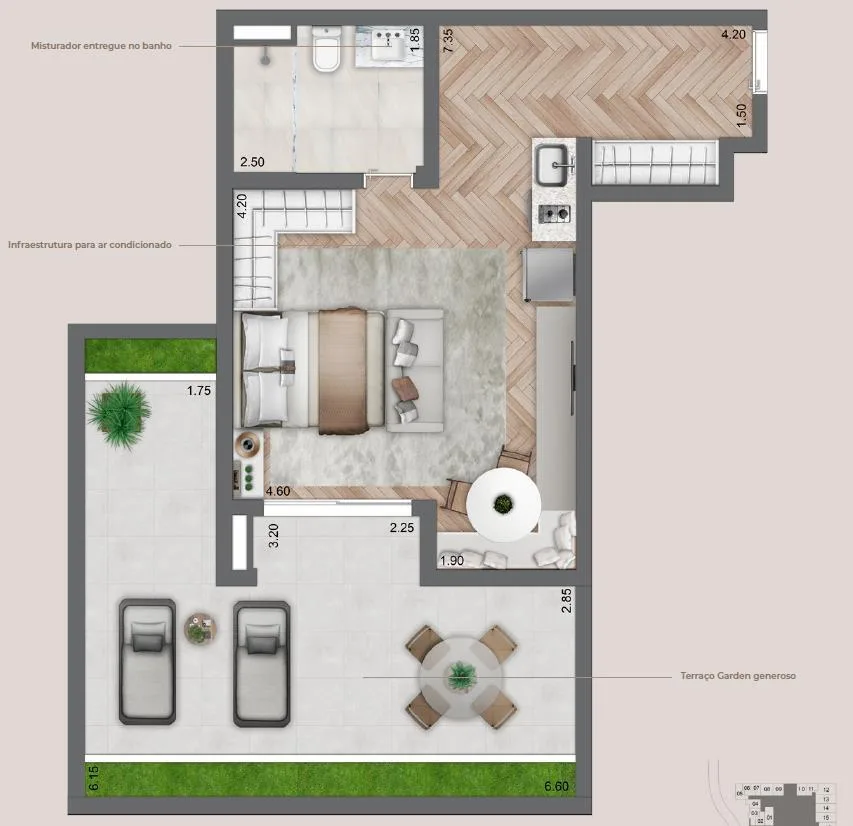 Planta do Secret Garden Studios em Vila Mariana — 1 dormitório – 72,5 m² Garden