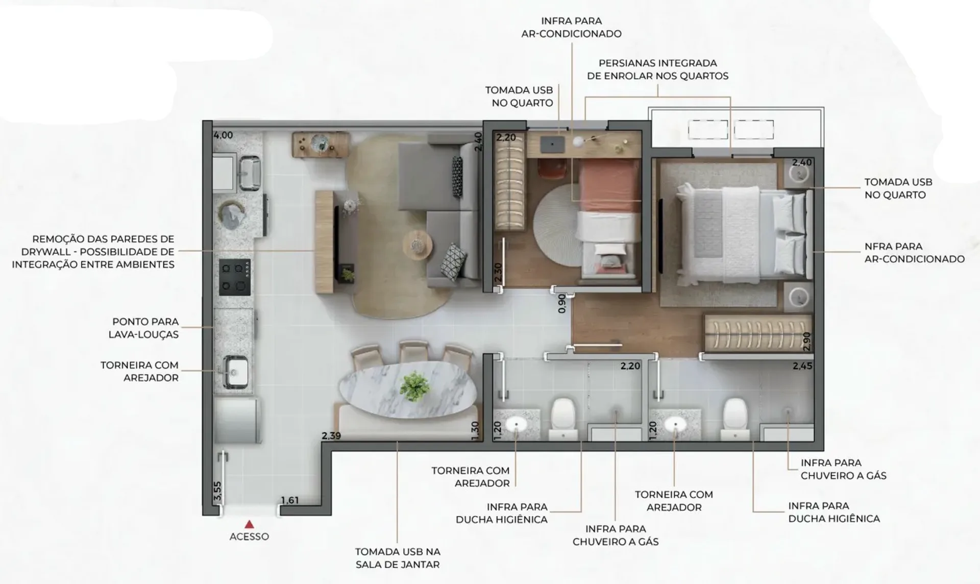 Planta do Signature Barra Funda Residence em Barra Funda — 2 dormitórios – 44,36 m²