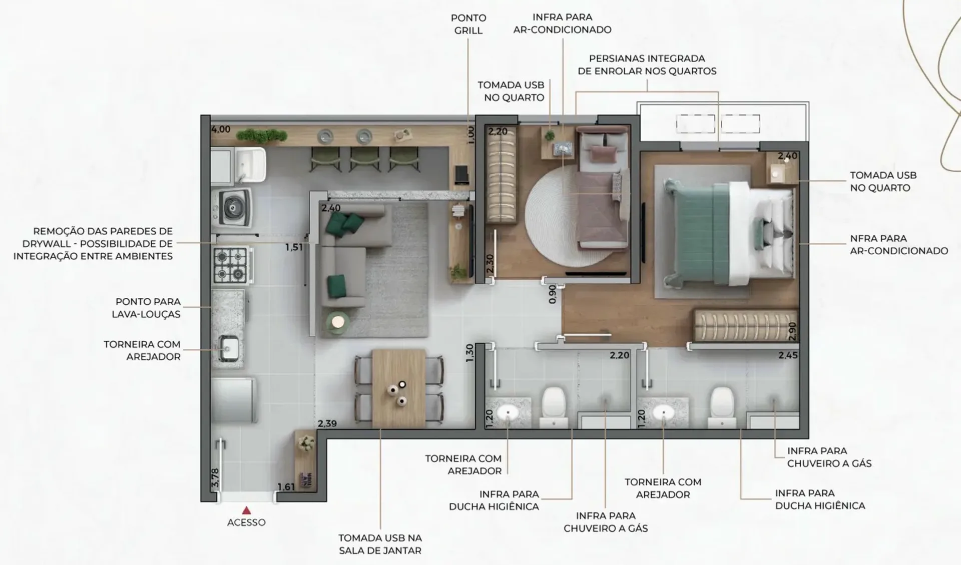 Planta do Signature Barra Funda Residence em Barra Funda — 2 dormitórios – 45,05 m²