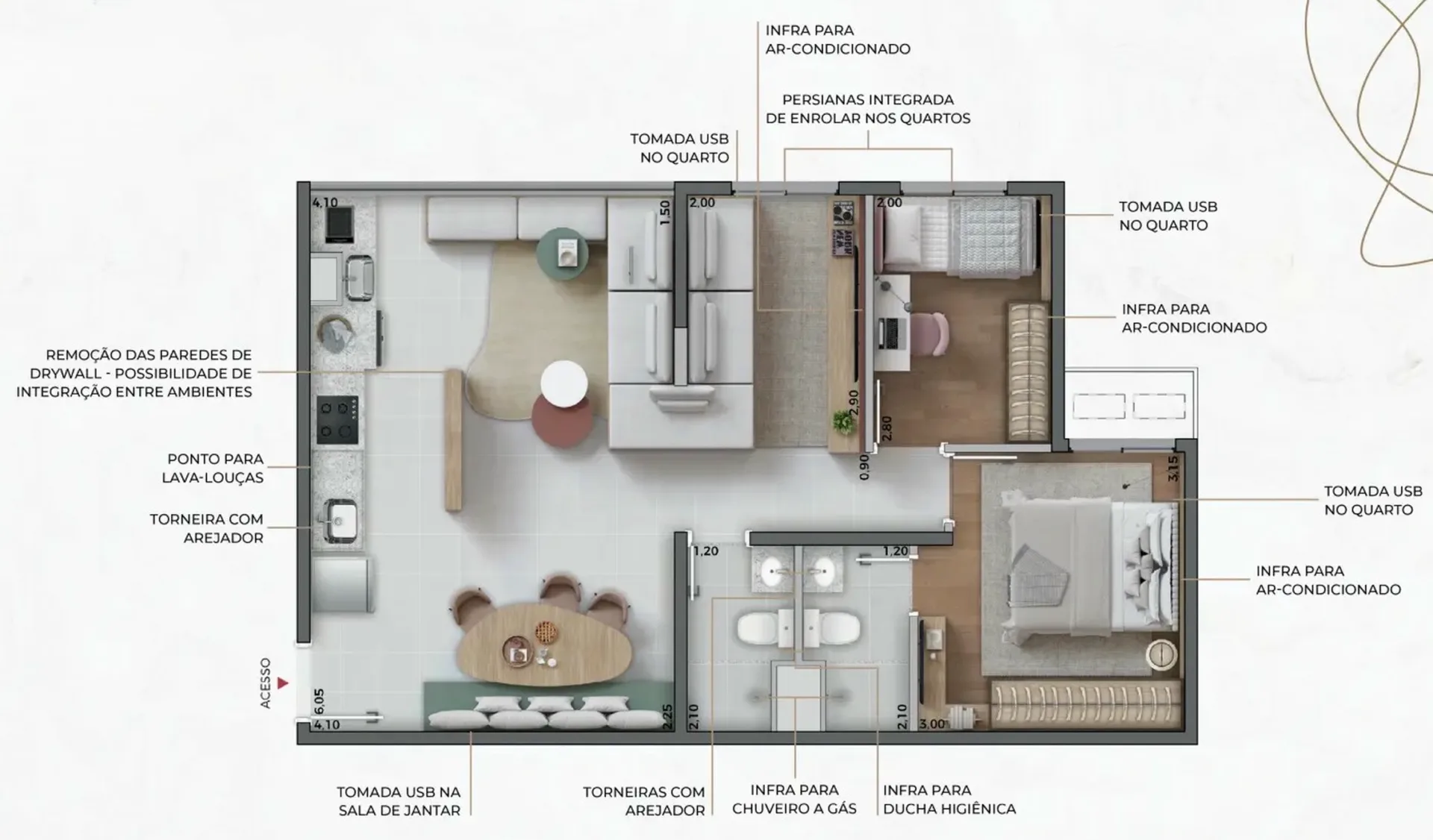 Planta do Signature Barra Funda Residence em Barra Funda — 2 dormitórios – 58,45 m²