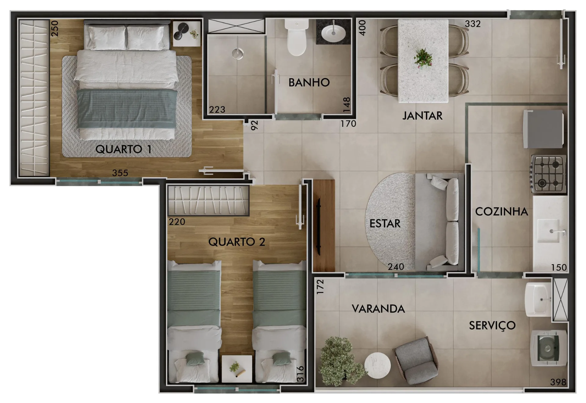 Planta do Sinfonia Santo Amaro Fase 1 em Santo Amaro — 2 dormitórios, 45 m²