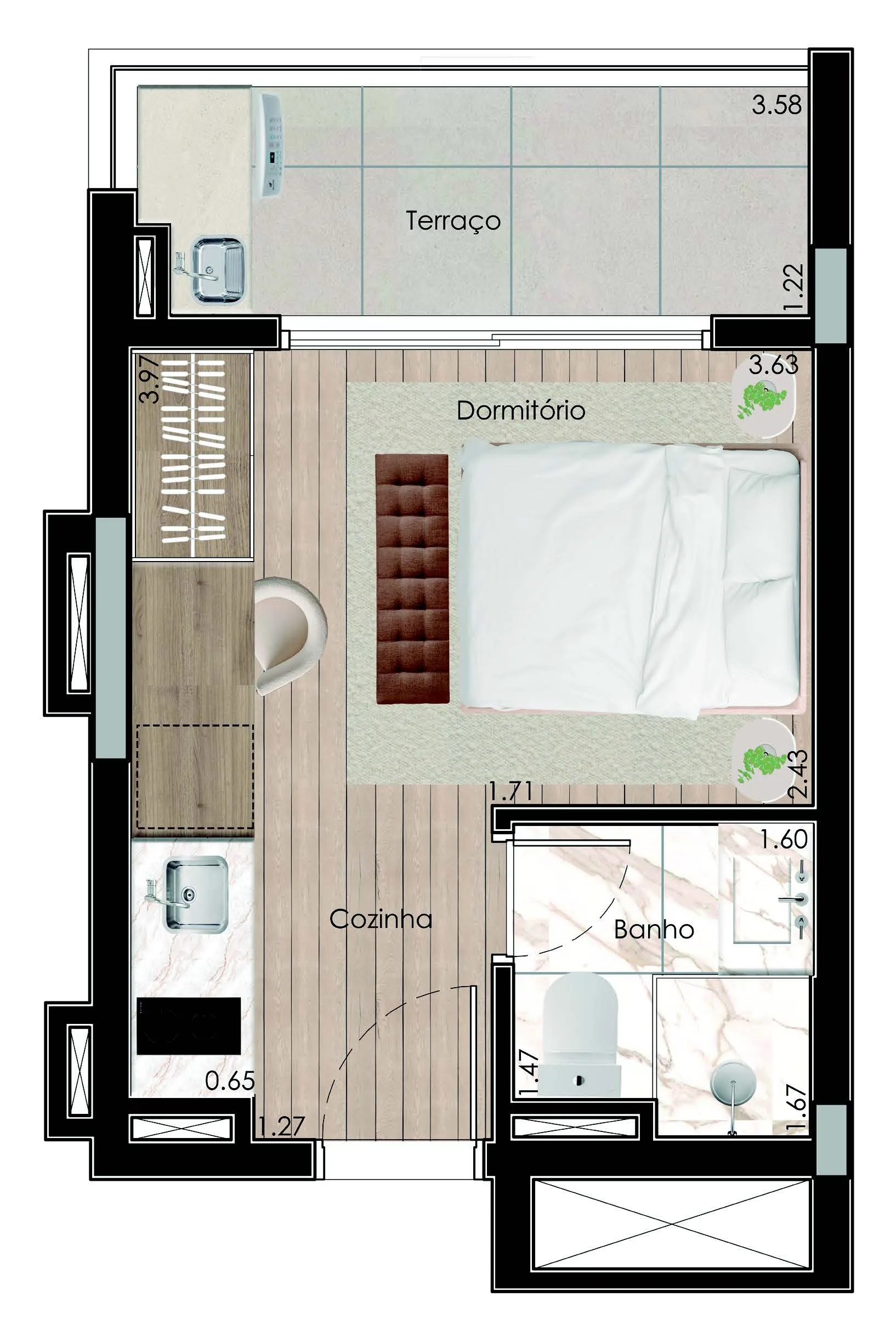 Planta do Singular Saúde em Saúde — 1 dormitório – 22,73 m² Loft