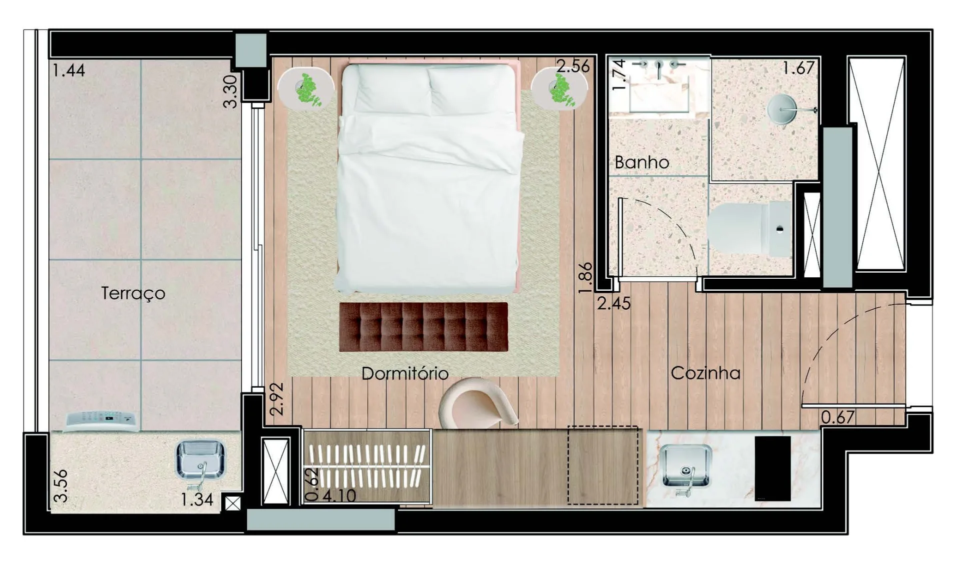 Planta do Singular Saúde em Saúde — 1 dormitório – 25,16 m² Loft