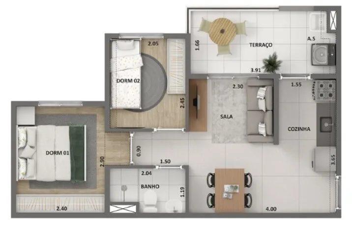 Planta do Soul Miguel Yunes — 2 dormitórios – 42 m²