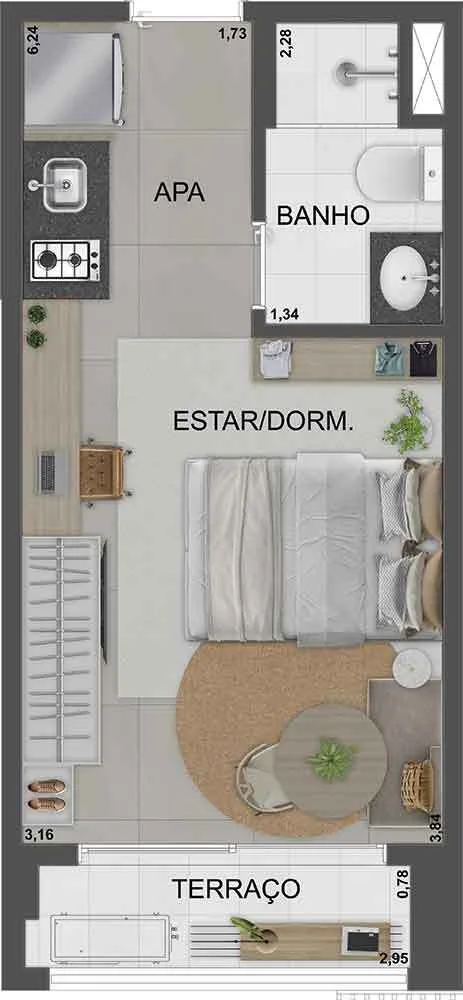 Planta do SP 360° Smart Living by Eztec em Moema — studio de 24,93 m²