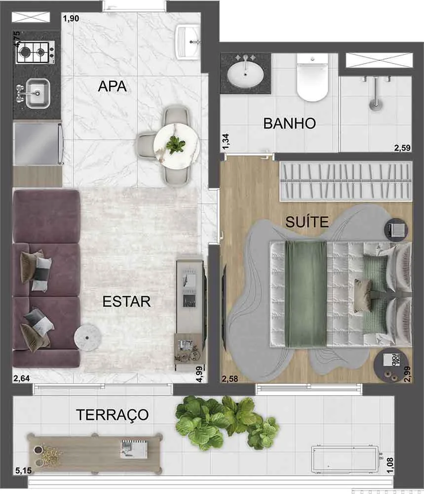 Planta do SP 360° Smart Living by Eztec em Moema — 1 dormitório, 35 m²