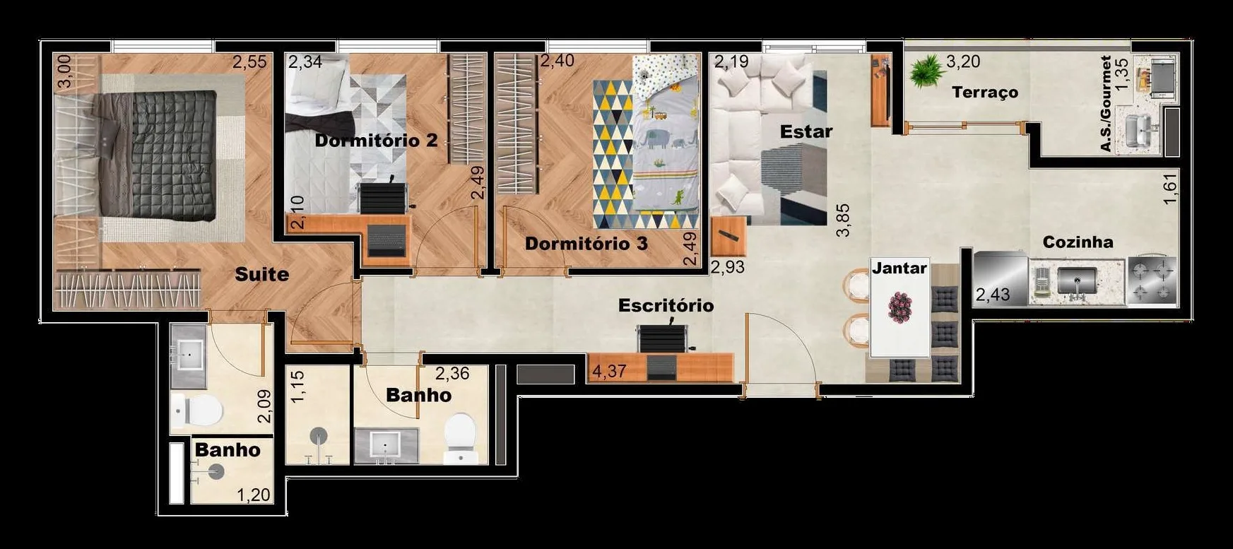 Planta do Station Garden em Vila Ré — 3 dormitórios – 54,83 m²