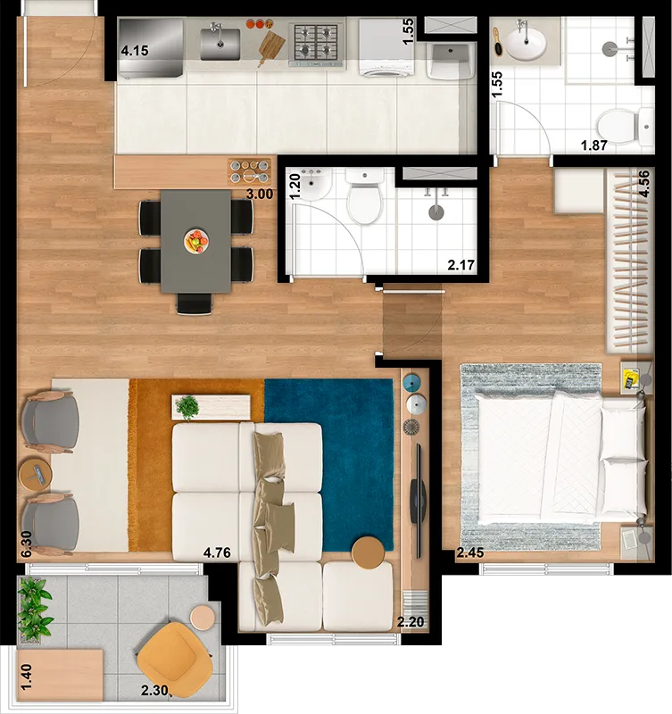 Planta do Supreme Jardim São Paulo em Jardim São Paulo — 1 dormitório, 56 m² (opção)