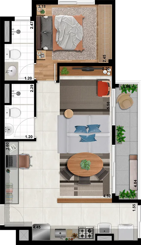 Planta do Supreme Jardim São Paulo em Jardim São Paulo — 1 dormitório, 54 m² (opção)