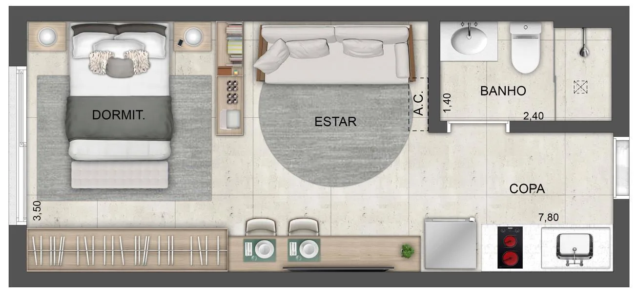 Planta do Terraro Vila Romana Studios em Vila Romana — studio de 30 m²