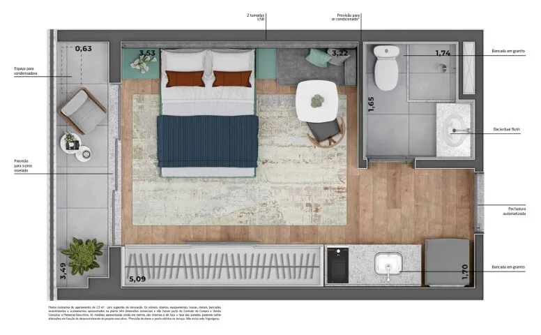 Planta do THINK Home Alameda Barros em Santa Cecília — studio de 23 m²