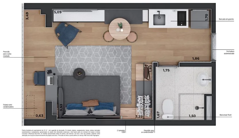 Planta do THINK Home Alameda Barros em Santa Cecília — studio de 23 m²