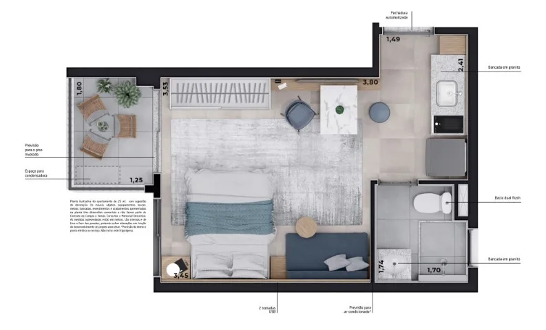 Planta do THINK Home Alameda Barros em Santa Cecília — studio de 25 m²