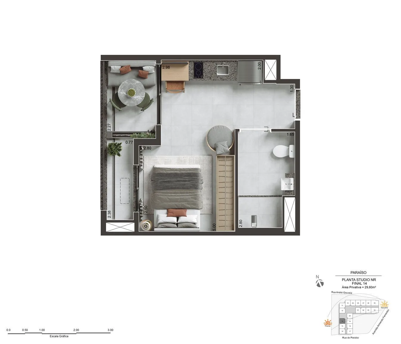 Planta do Today Paraíso em Paraíso — 1 dormitório – 29,6 m² Studio