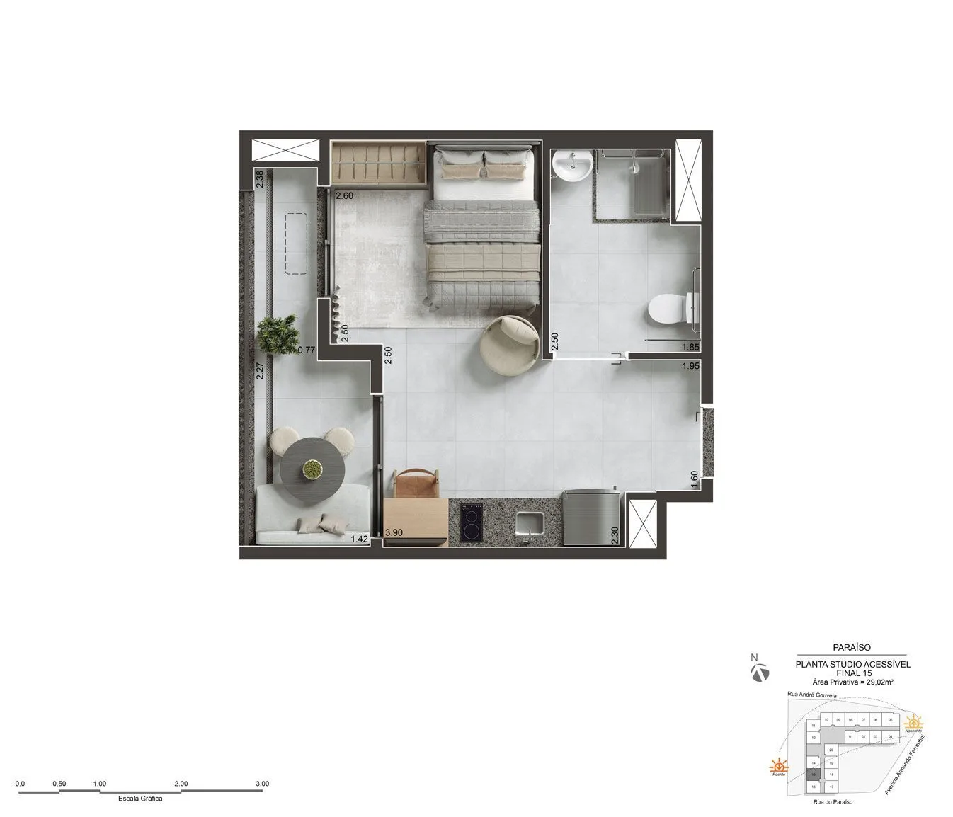 Planta do Today Paraíso em Paraíso — 1 dormitório – 29,02 m²
