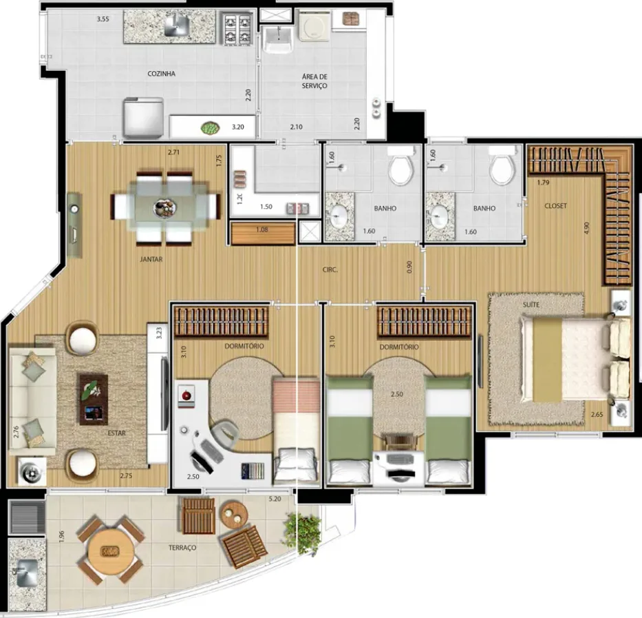 Planta do Topázio Tropical em Saúde — 3 dormitórios, 87 m²