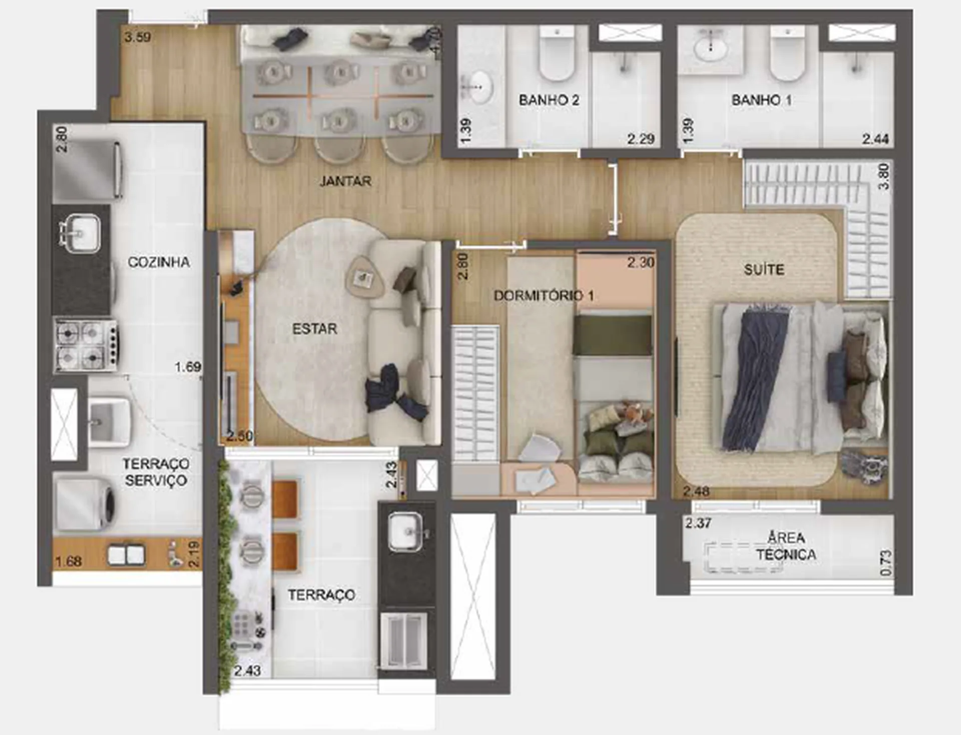 Planta do Torino Mooca Città em Mooca — 2 dormitórios – 63 m²