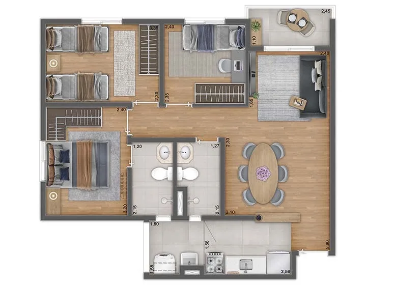 Planta do Unni by Plano&Plano Harmoni em Limão — 3 dormitórios, 60,52 m²
