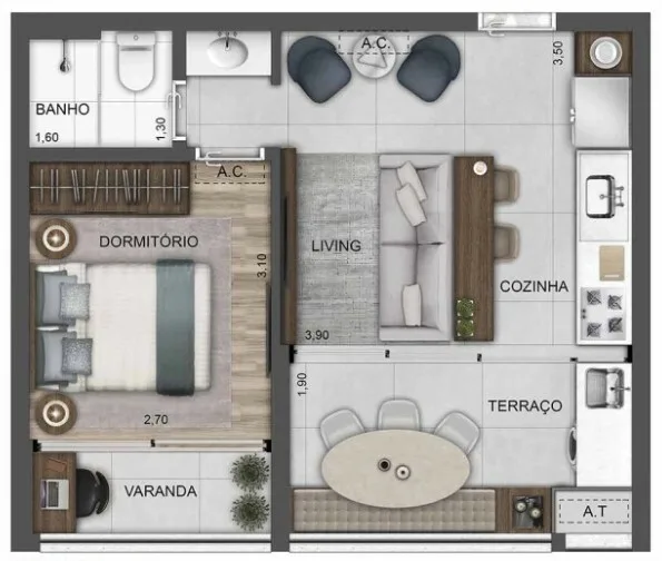 Planta do Upper West Perdizes em Perdizes — 1 dormitório, 41 m²
