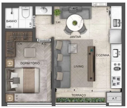 Planta do Upper West Perdizes em Perdizes — 1 dormitório, 41 m² (opção)