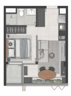 Planta do V3rso Jardins em Cerqueira César — 1 dormitório, 35,11 m²