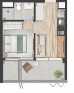 Planta do V3rso Jardins em Cerqueira César — 1 dormitório, 35,11 m²
