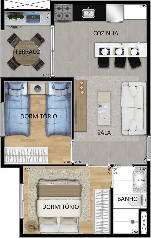 Planta do Vera Cruz em Vila Gustavo — 2 dormitórios, 42,68 m²