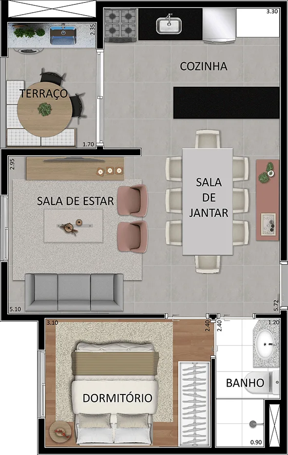 Planta do Vera Cruz em Vila Gustavo — 1 dormitório, 42,68 m² (opção)