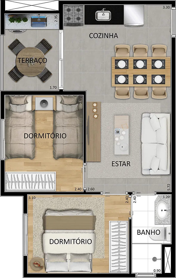 Planta do Vera Cruz em Vila Gustavo — 2 dormitórios, 43,05 m²