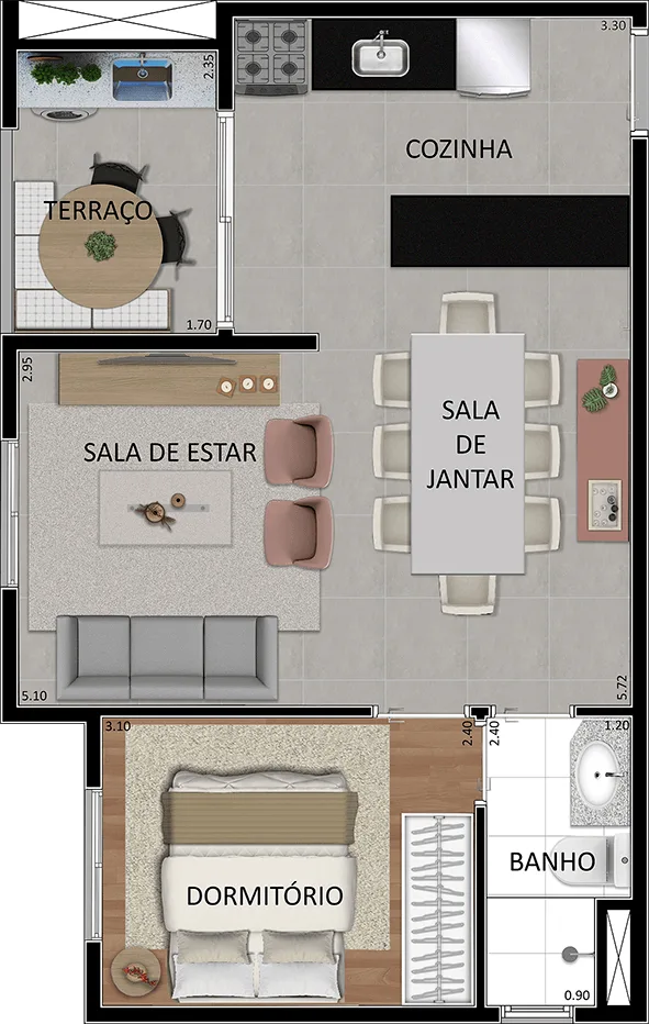Planta do Vera Cruz em Vila Gustavo — 1 dormitório, 43,05 m² (opção)