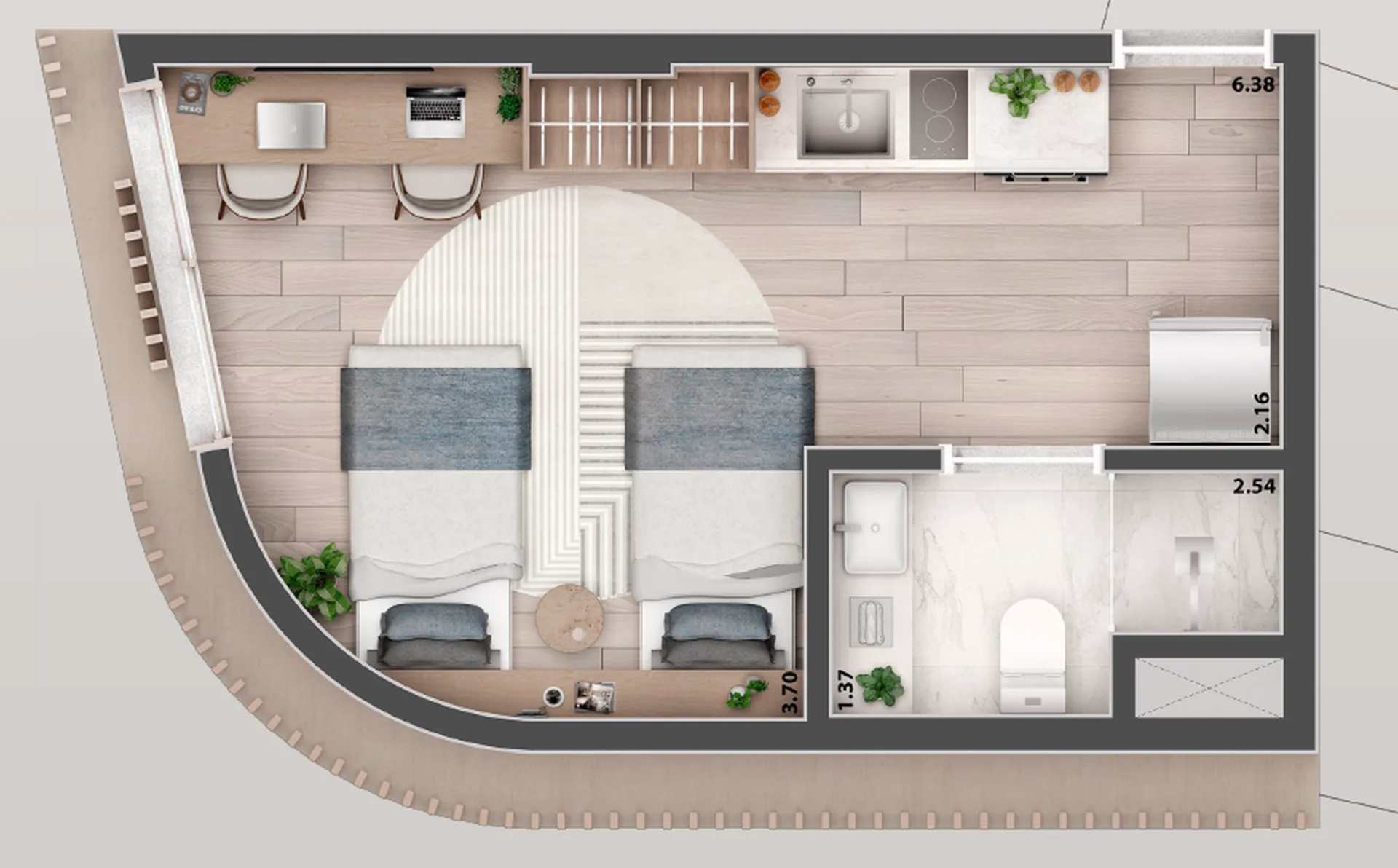 Planta do Verah Jardins Design Studios em Pinheiros — 1 dormitório – 24,62 m² Studio