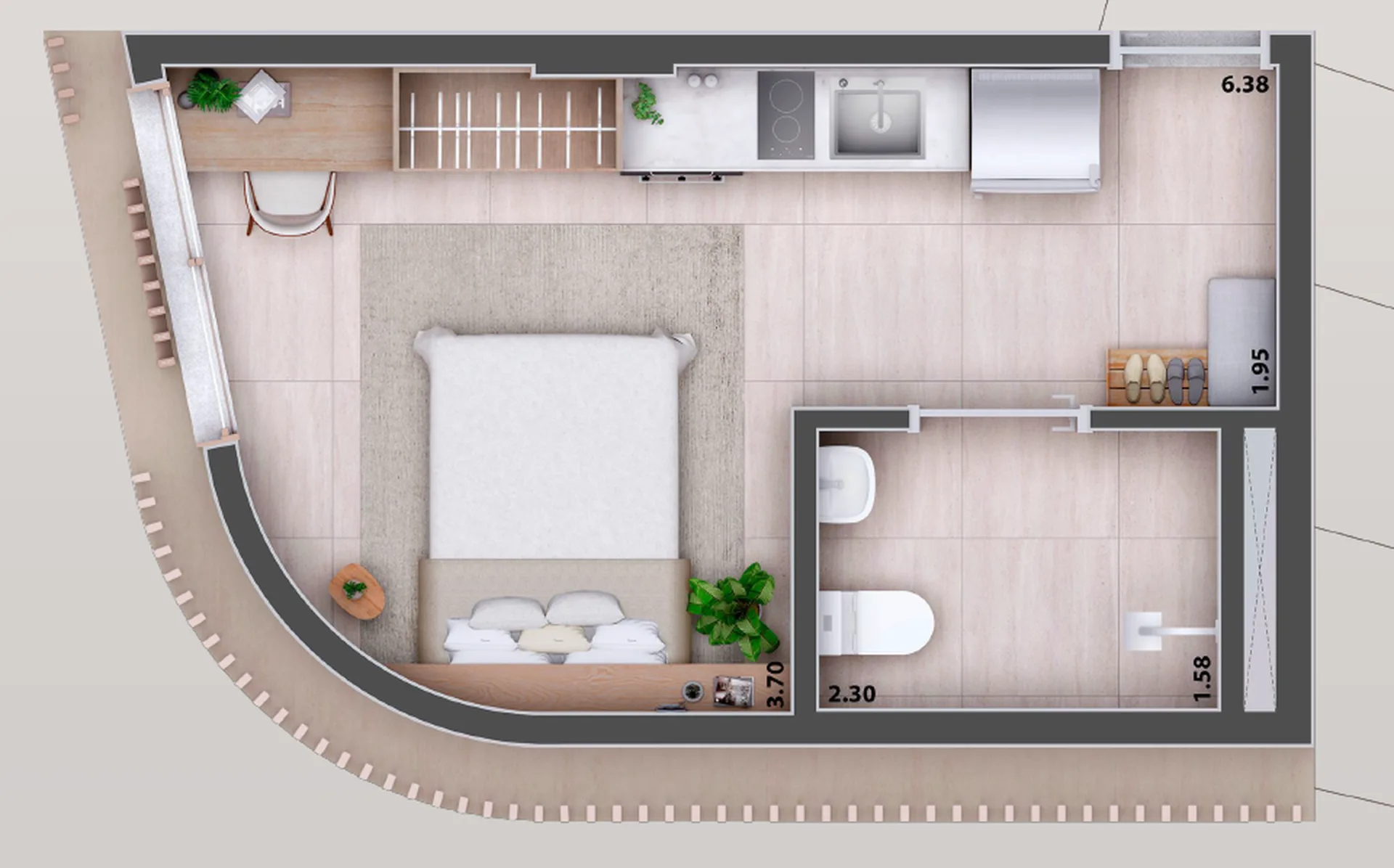 Planta do Verah Jardins Design Studios em Pinheiros — 1 dormitório – 24,68 m² Studio