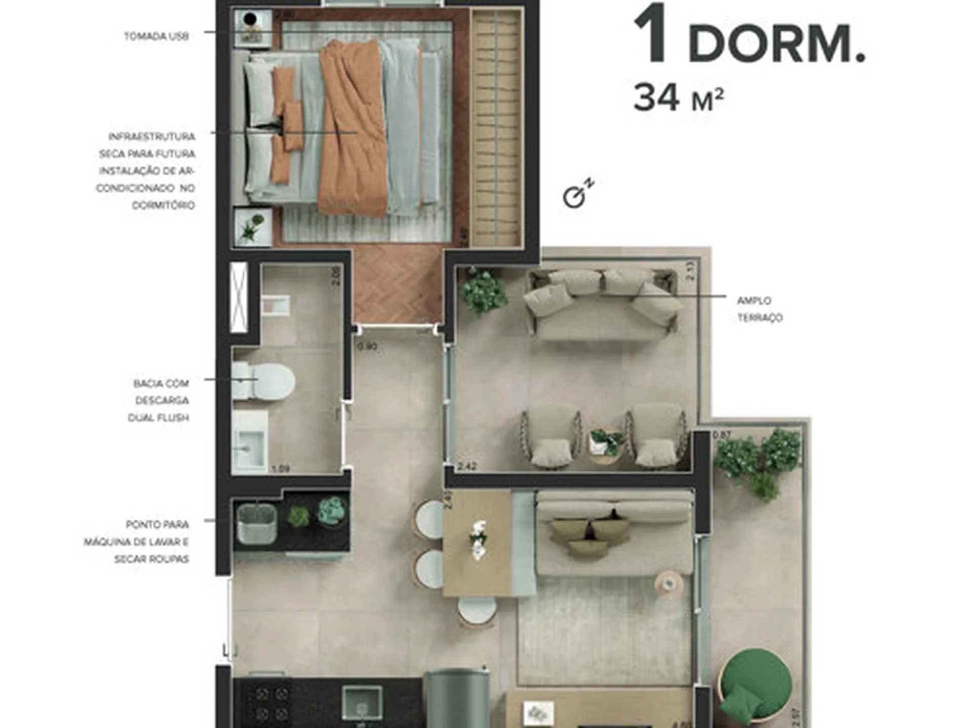 Planta do Viva Benx Butantã em Butantã — 1 dormitório – 34 m²