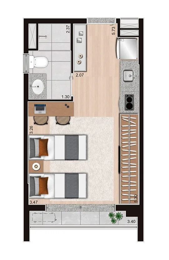 Planta do Voxx Itaim em Itaim Bibi — 1 dormitório, 24 m² (opção)