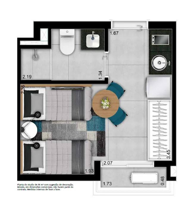 Planta do W Be Perdizes em Perdizes — studio de 18 m²
